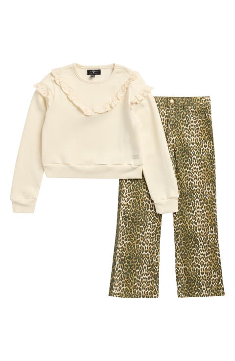 Kids' Ruffle Sweatshirt & Leopard Jeans Set (Little Kid)