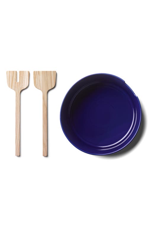 Lsa Collective Salad Glass Bowl With Wooden Servers In Blue