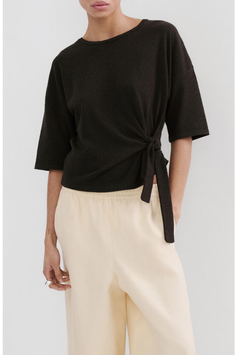 Bow Short Sleeve Sweater, Main, color, CHOCOLATE