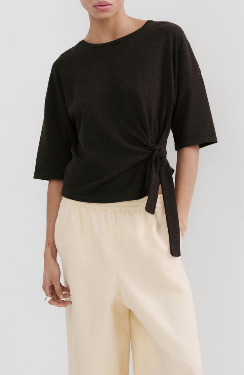 MANGO Bow Short Sleeve Sweater, Main, color, Chocolate