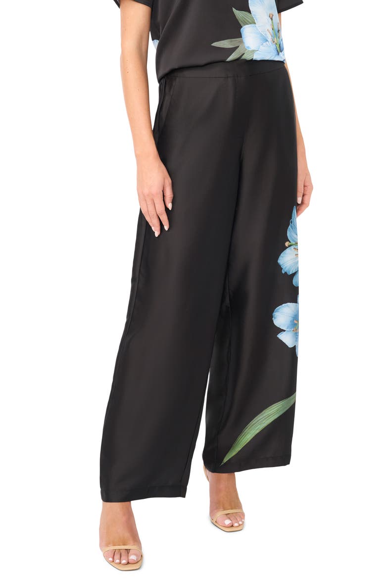 Floral Wide Leg Pull-On Pants, Main, color, BLACK/ SKY