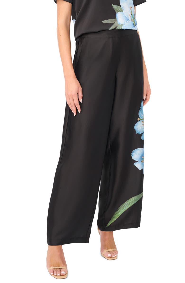 Vince Camuto Floral Wide Leg Pull-On Pants, Main, color, Black/ Sky