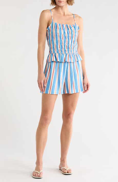 Current/Elliott Stripe Linen Blend Strappy Camisole & Shorts Set