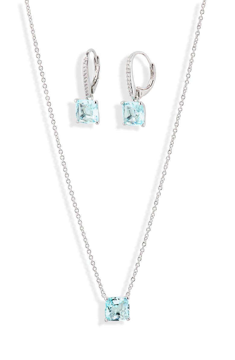 Nadri Bridesmaid Blue Cubic Zirconia Pendant Necklace & Earrings Set, Main, color, Rhodium