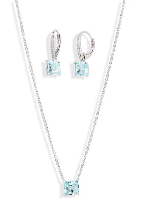 Bridesmaid Blue Cubic Zirconia Pendant Necklace & Earrings Set