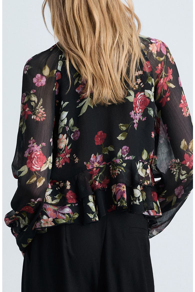Floral Print Ruffle Shirt, Alternate, color, BLACK