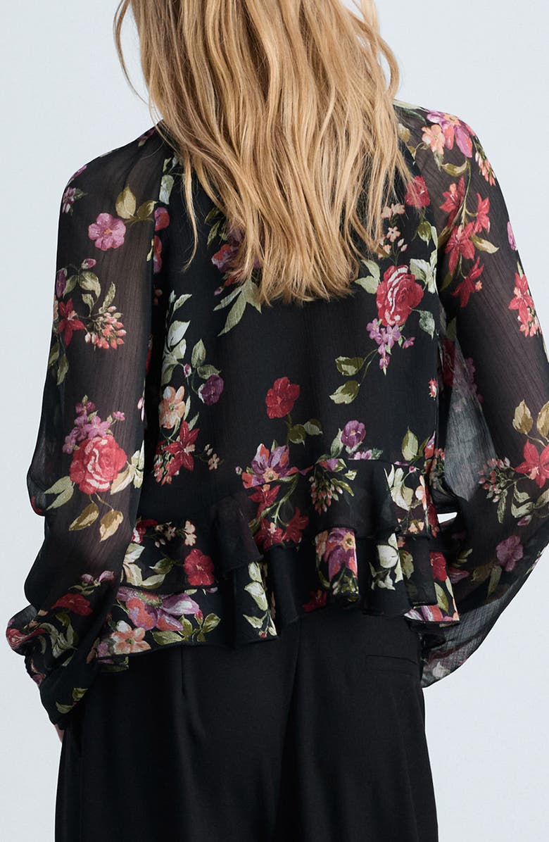 MANGO Floral Print Ruffle Shirt, Alternate, color, Black