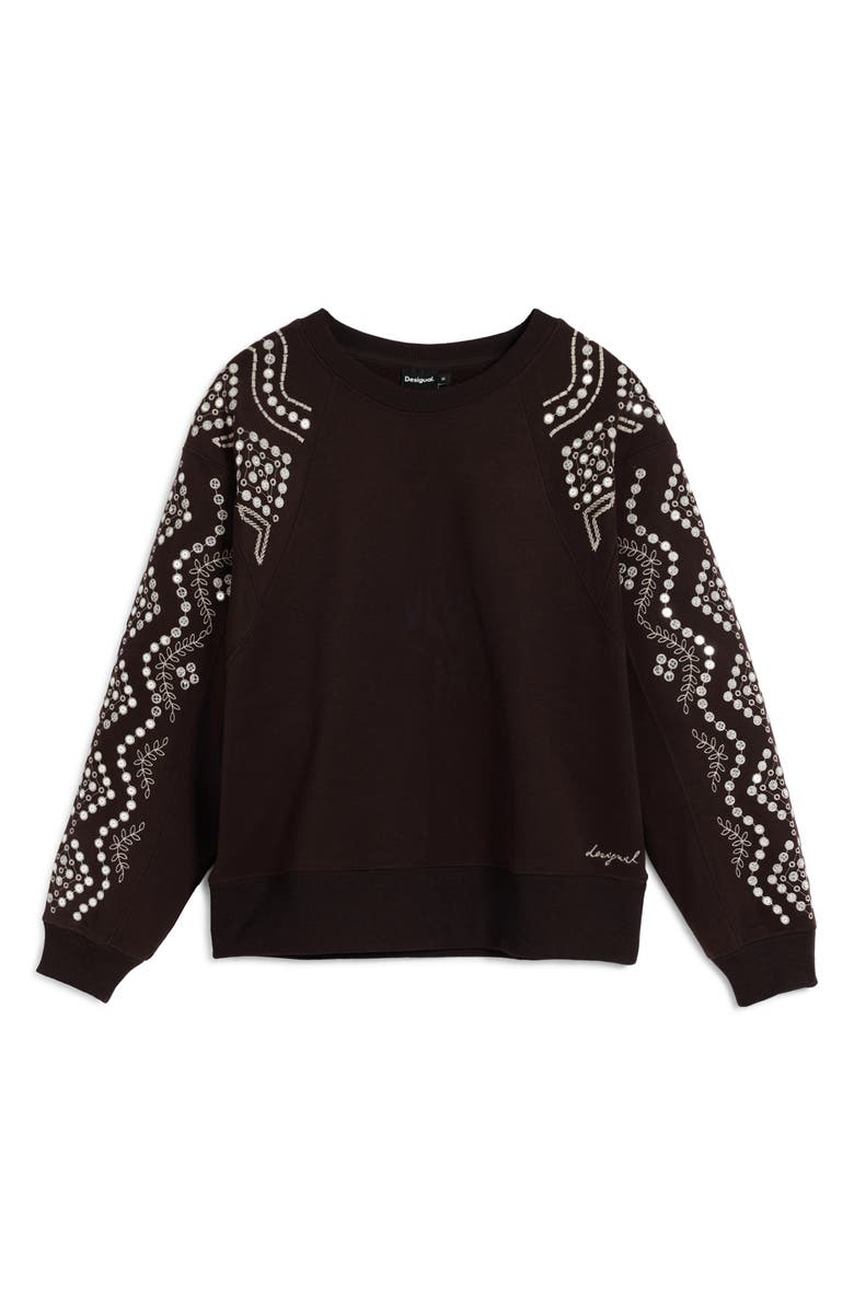 Desigual Embroidered Sleeve Sweatshirt, Alternate, color, Brown