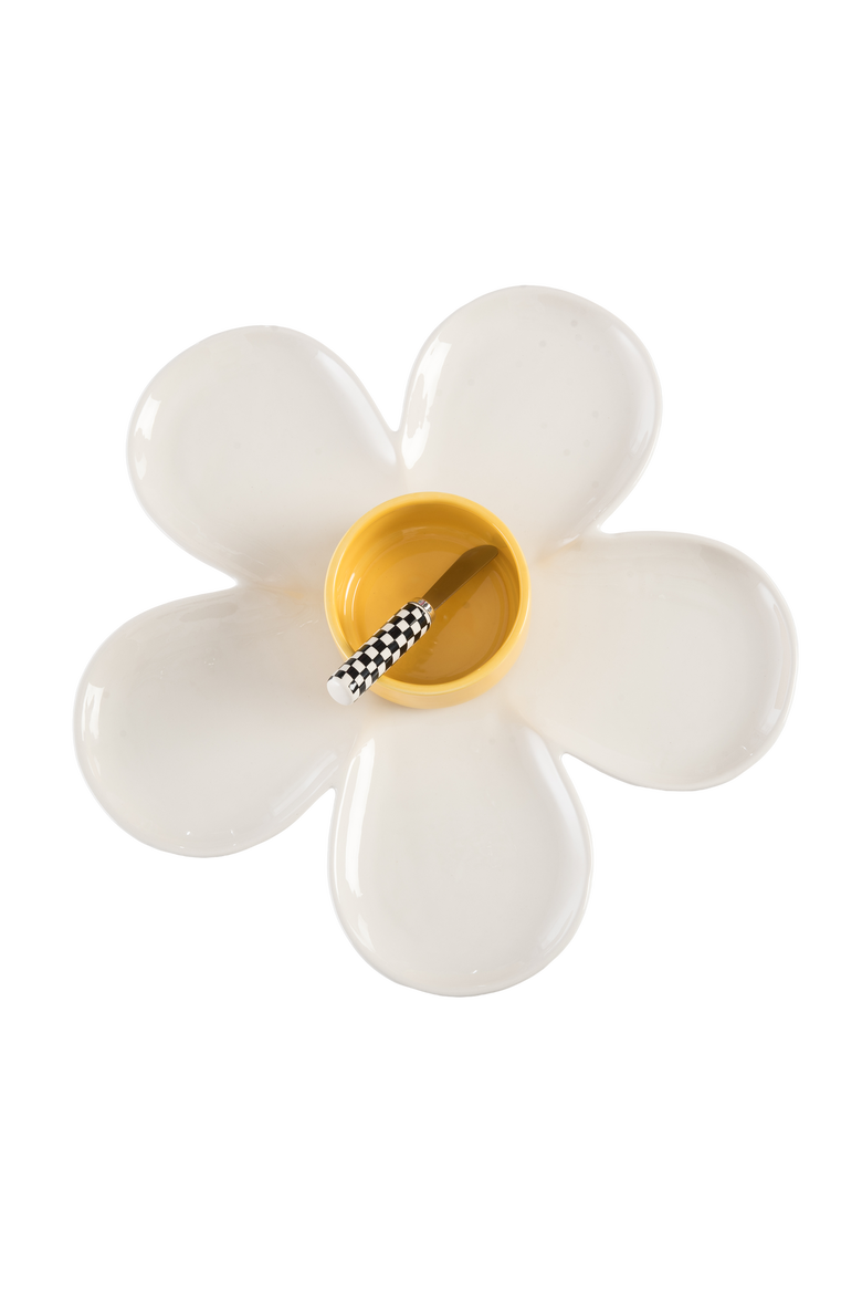 Daisy Platter & Bowl w/ Spreader Set of 3 Ceramic White 7.6 oz, Alternate, color, White