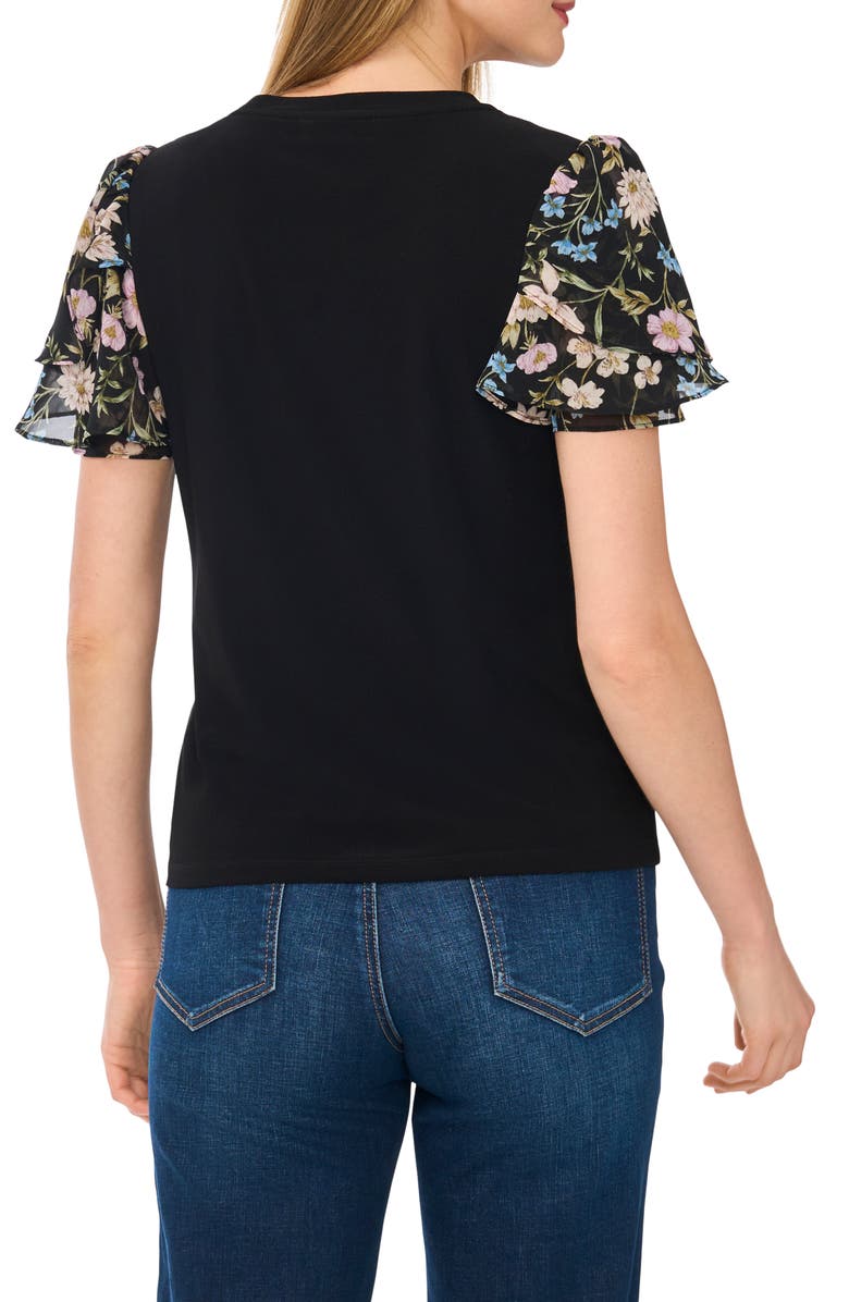 CeCe Floral Flutter Sleeve Top, Alternate, color, Rich Black Botanical