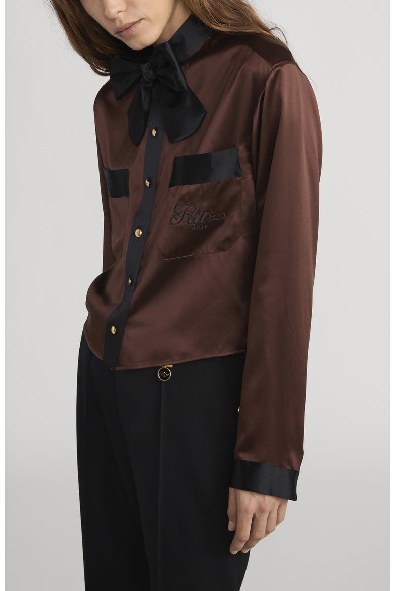 x The Ritz Paris Silk Satin Button-Up Shirt, Alternate, color, CHOCOLATE BROWN