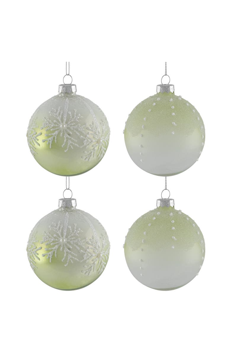 Northlight Snowflakes Shiny Glass Ball Christmas Ornaments - 3" (80mm) - Green and White  - 4ct, Main, color, Green