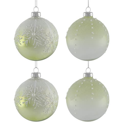 Snowflakes Shiny Glass Ball Christmas Ornaments - 3" (80mm) - Green and White  - 4ct