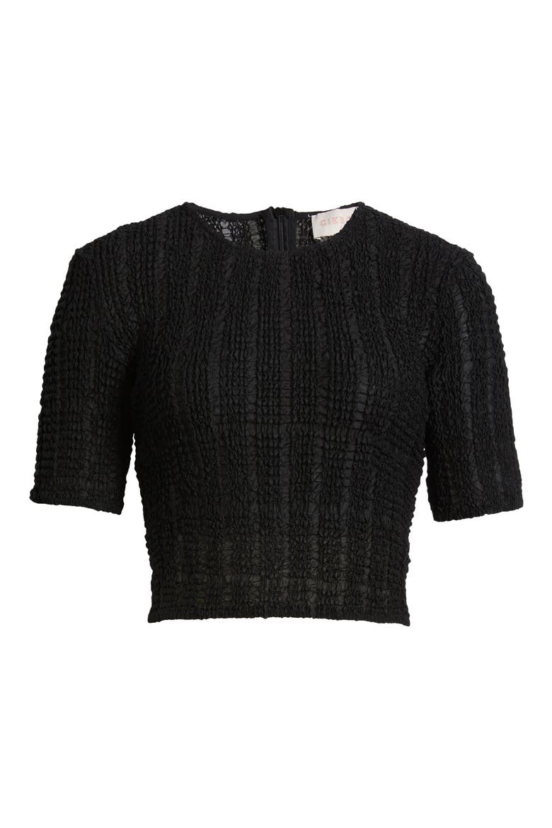 Janet Texture Puff Sleeve Crop Top, Alternate, color, BLACK