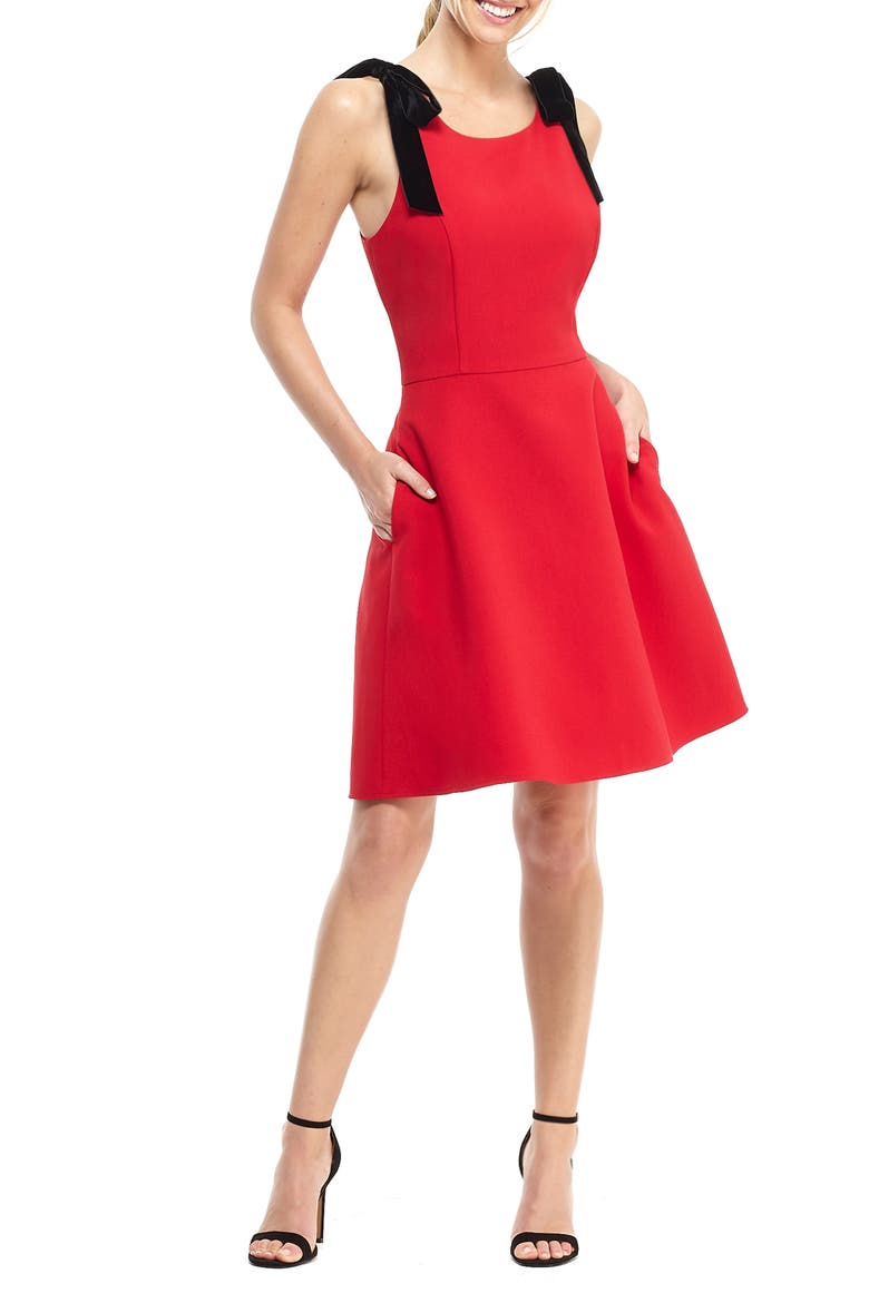 Zara Fit & Flare Dress with Velvet Shoulder Ties, Main, color, RUBY