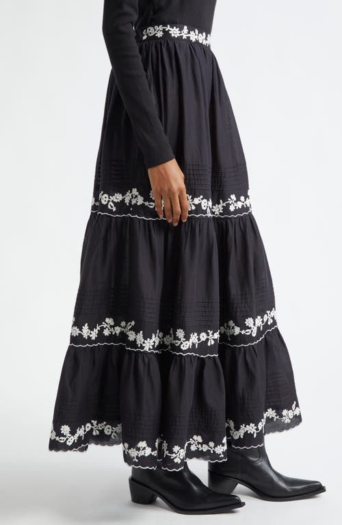Farm Rio Black Embroidered Ruffled Maxi Skirt Black In Black