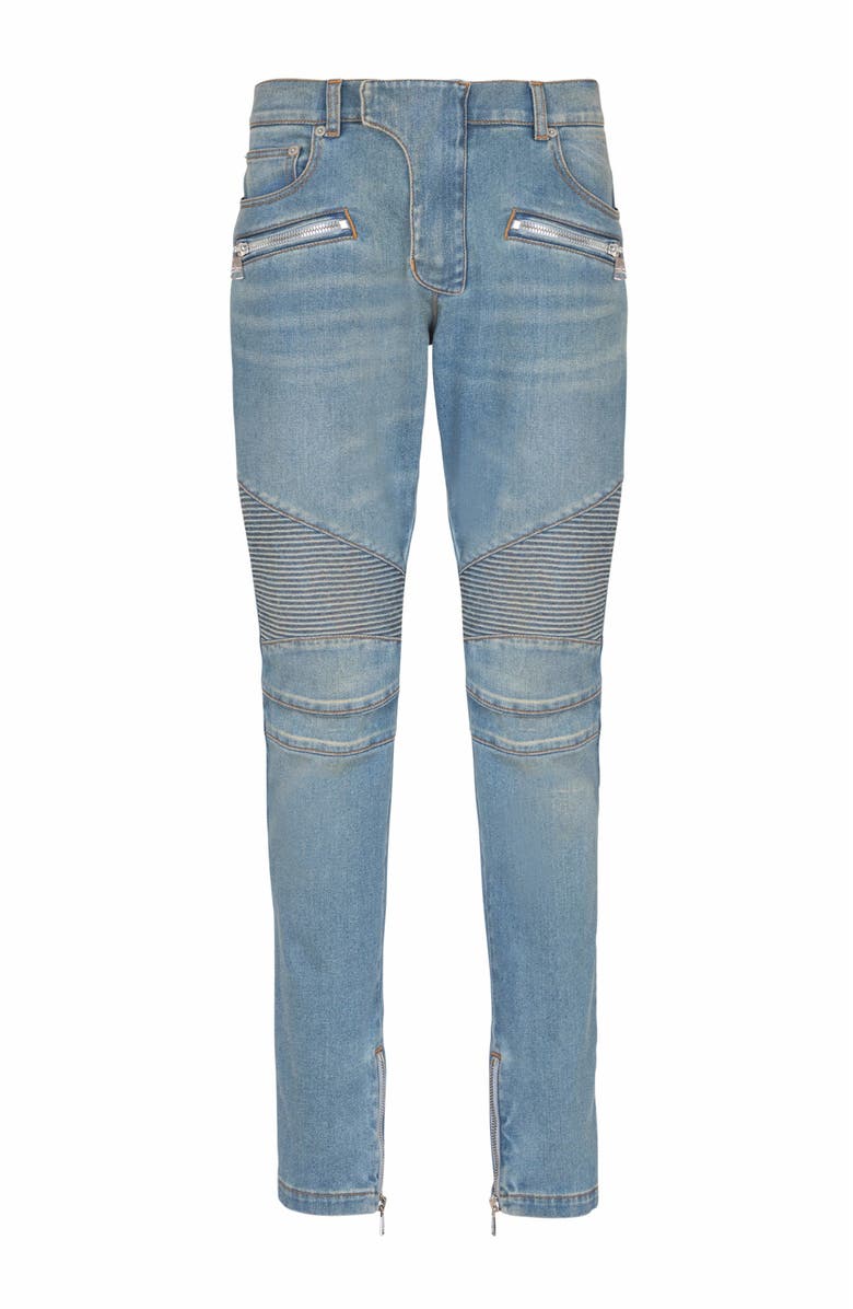 Balmain Blue Denim Biker Jeans, Alternate, color, Blue