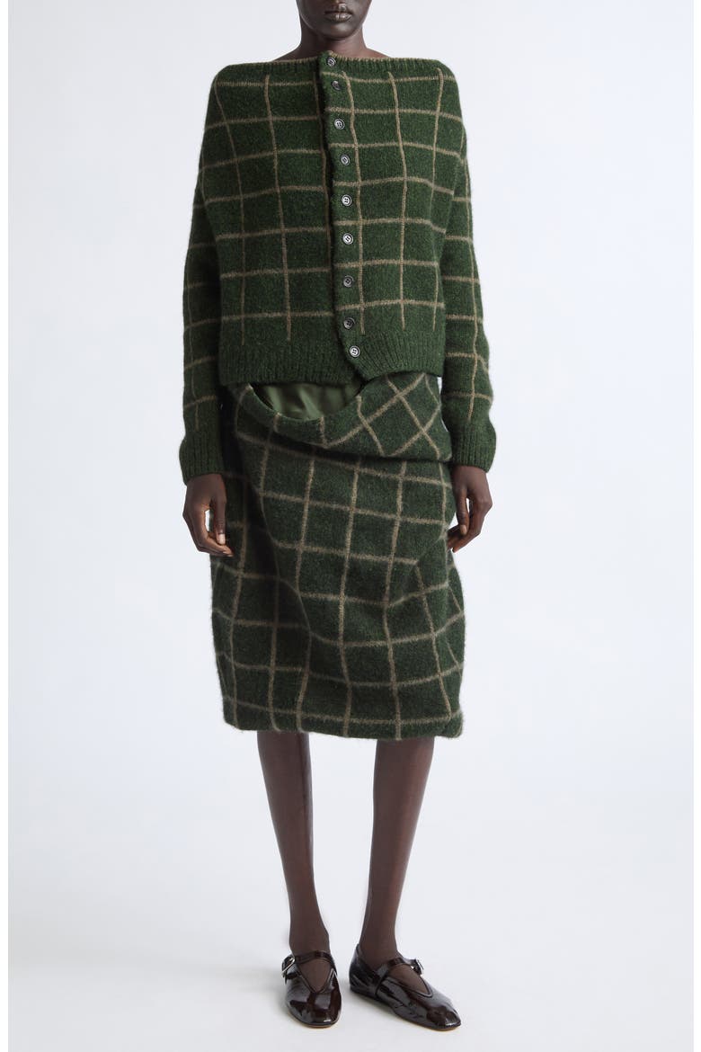 Windowpane Plaid Draped Cashmere Bouclé Sweater Skirt, Main, color, DARK GREEN