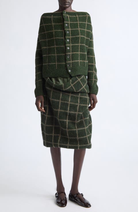 Windowpane Plaid Draped Cashmere Bouclé Sweater Skirt