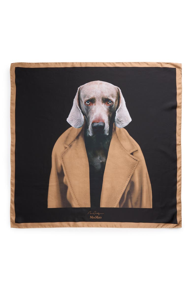 Dog Print Silk Scarf, Main, color, CAMEL