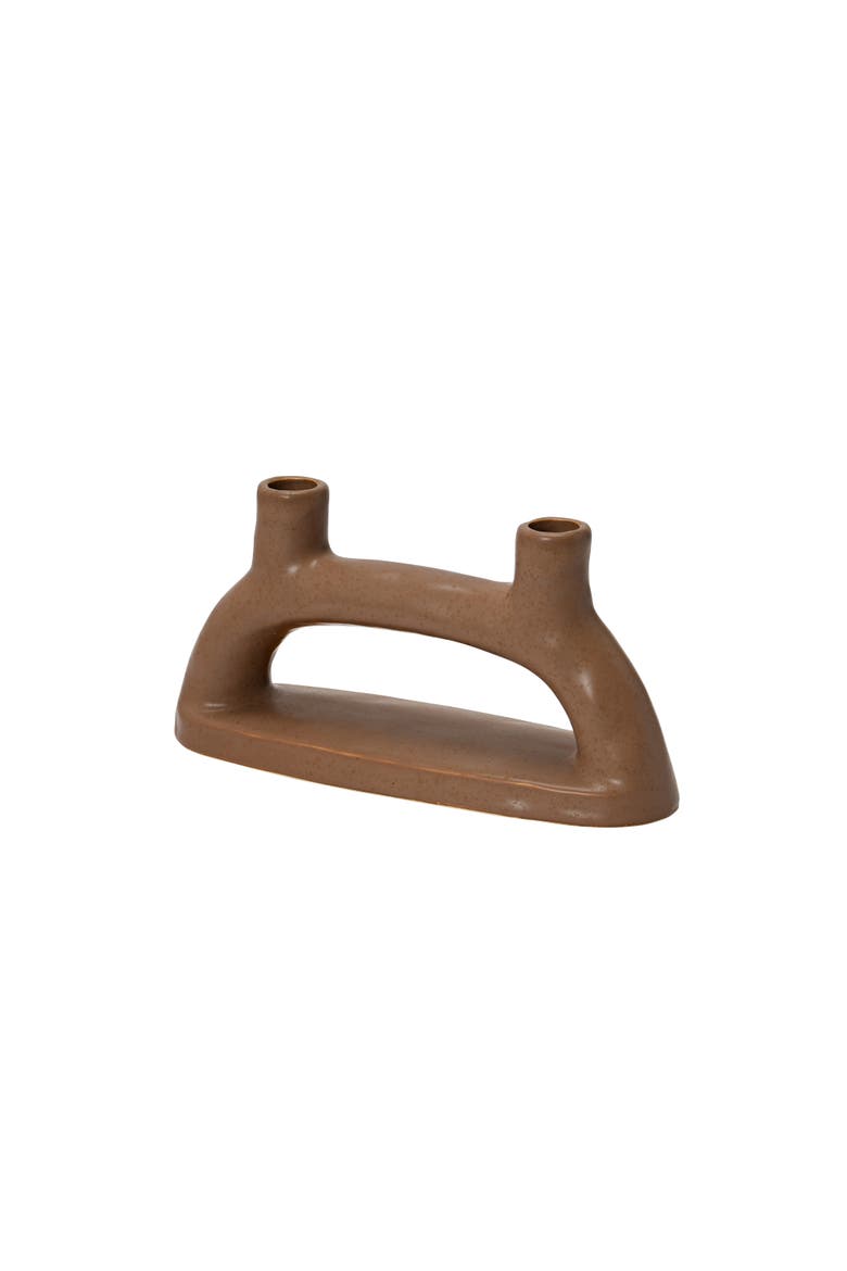 Modern Stoneware Double Taper Holder, Main, color, Brown