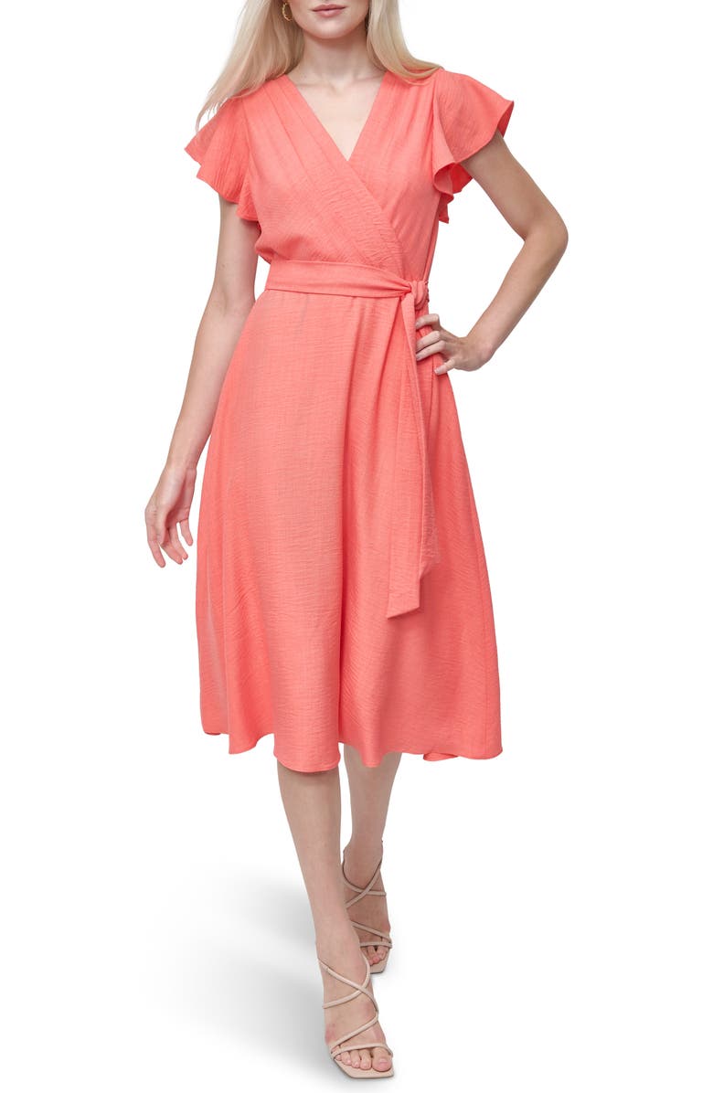 DKNY Flutter Sleeve Tie Waist Midi Dress, Main, color, 