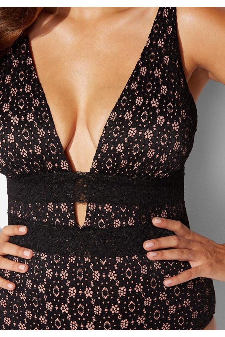 Lace Plunge One Piece Swimsuit, Alternate, color, Black Lace