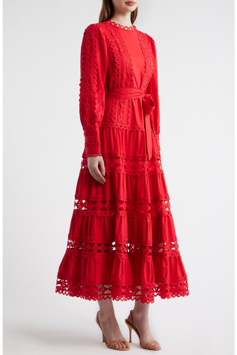 Lace Trim Long Sleeve Cotton Maxi Dress, Alternate, color, CANDY APPLE