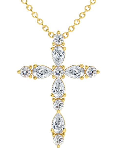3/4Ct Diamond Cross Round & Pear Shape 14k Gold Necklace Lab Grown 1" Tall
