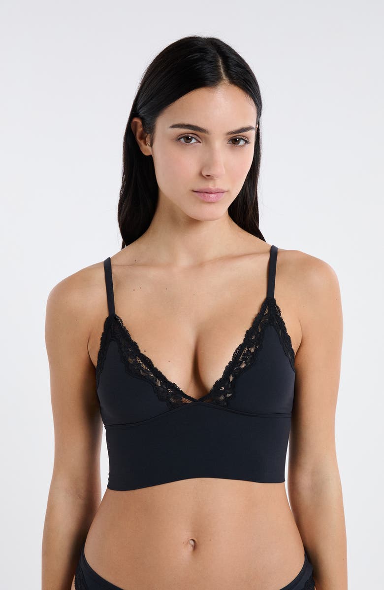 Etam Lace Trim Triangle Longline Bralette, Alternate, color, Black