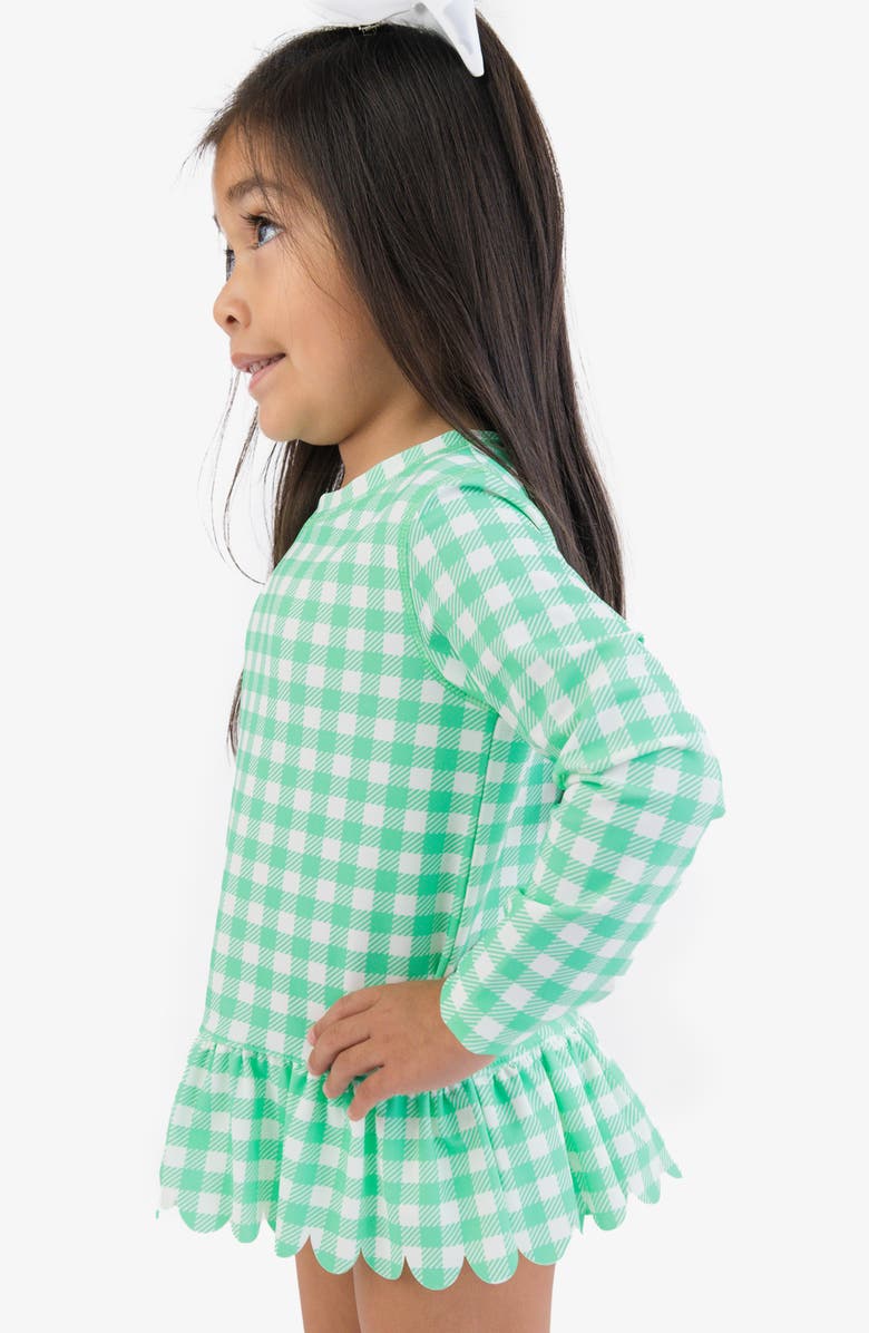 RuffleButts Kids' Gingham Long Sleeve Skirted UPF 50+ Rashguard, Alternate, color, Green