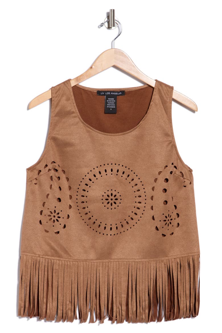 Laser Cut Fringe Faux Suede Tank, Main, color, BROWN