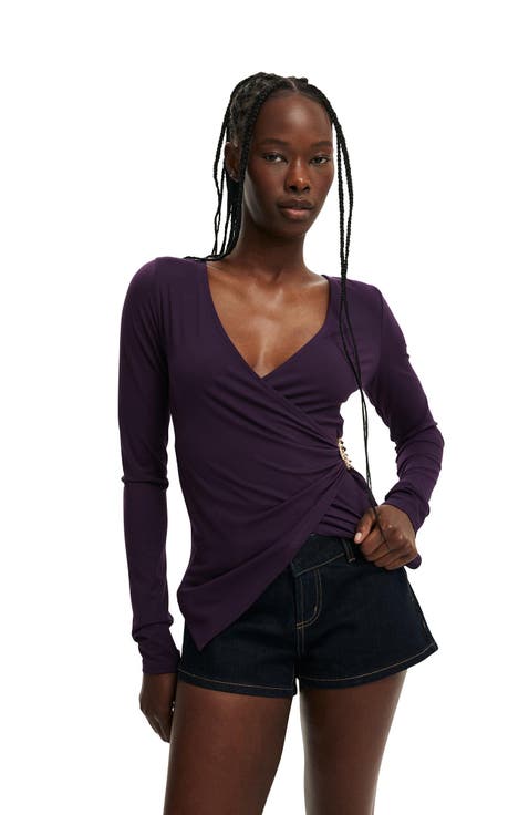Women's Trim Detail Long Sleeve Wrap Top