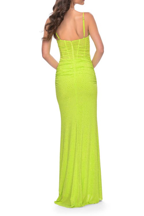 La Femme Neon Net Jersey Rhinestone Prom Dress With Corset Waist