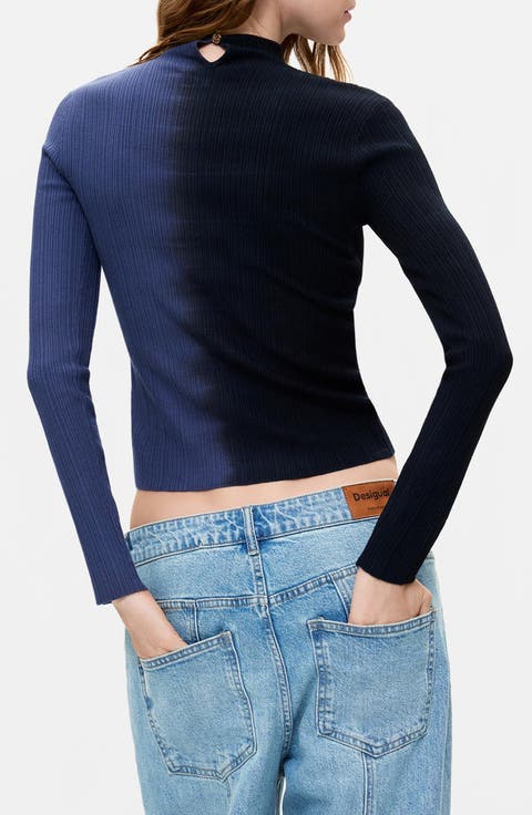 Two-Tone Ribbed Mock Neck Pullover Sweater