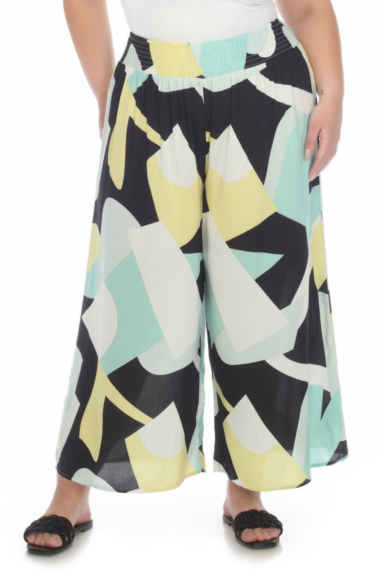Patterned Smocked Pull-On Pants, Main, color, YELLOW-AQUA PRINT