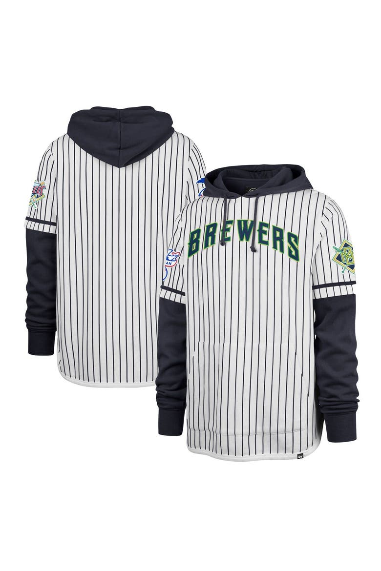 Men's '47 White Milwaukee Brewers Pinstripe Double Header Pullover Hoodie, Main, color, White