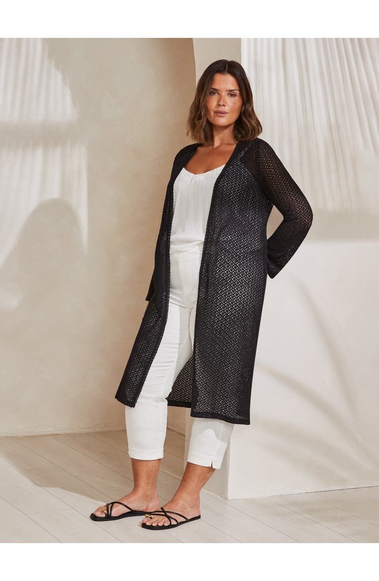 Live Unlimited Longline Crochet Knit Cardigan, Alternate, color, Black
