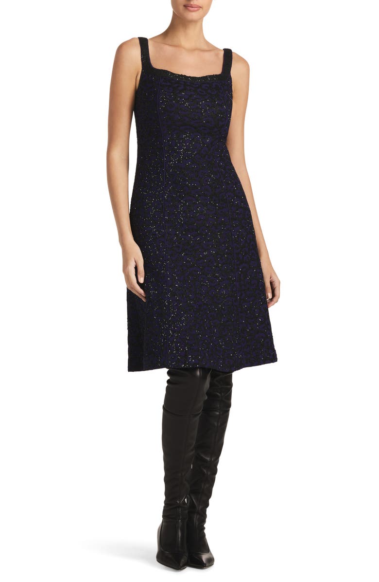 ST. JOHN Sequin Leopard Jacquard A-Line Dress, Main, color, Purple