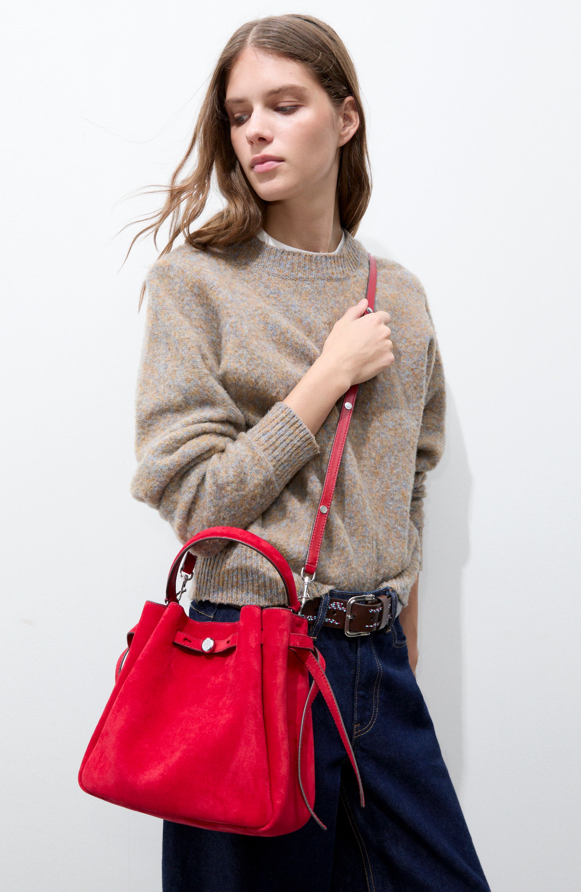 Romy Suede Bucket Bag, Alternate, color, TOUCAN RED