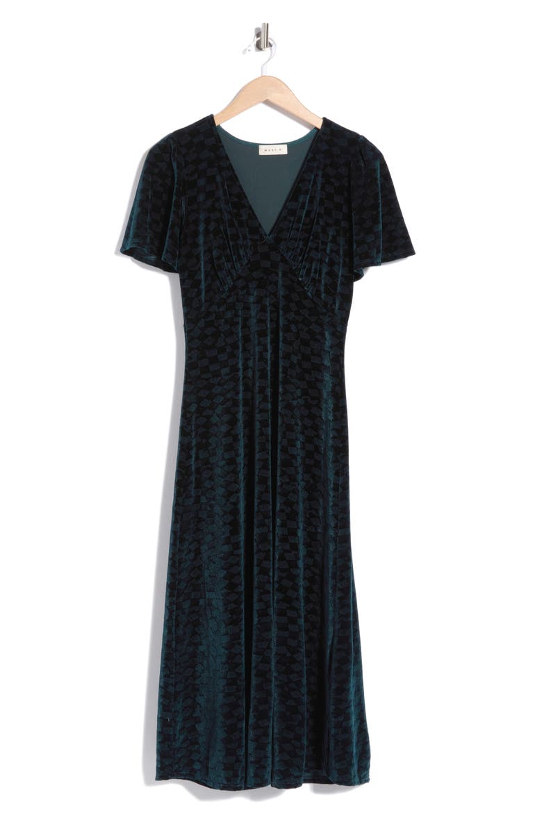 Flutter Sleeve Velvet Midi Dress, Alternate, color, MIDNIGHT TEAL