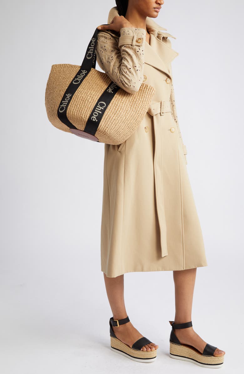 Chloé Large Woody Straw Basket Tote, Alternate, color, Black-Beige 1