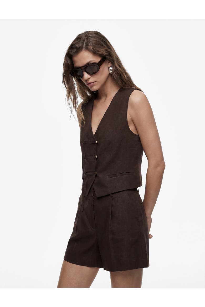 Structured Linen Blend Tailored Shorts with Pleat, Main, color, BROWN