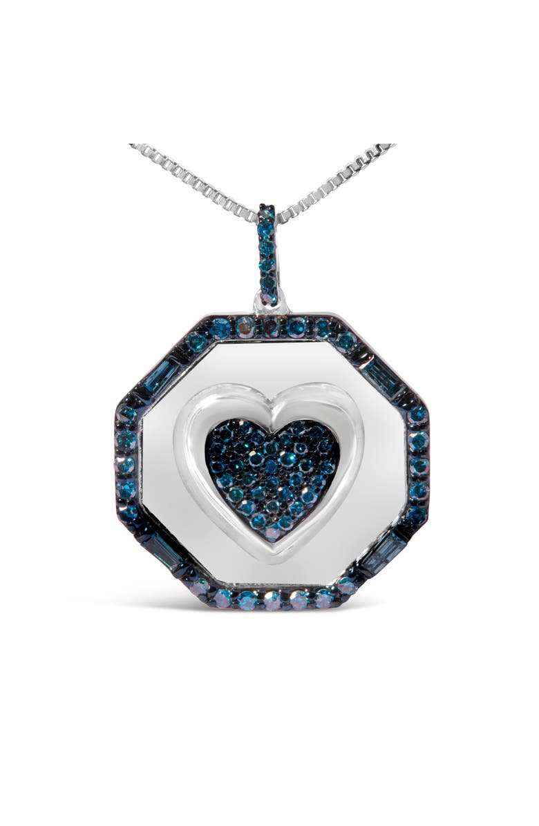 Haus of Brilliance Silver 5/8 Cttw Blue Diamond Mirror Plate Heart and Diamond Halo Pendant Necklace, Alternate, color, White