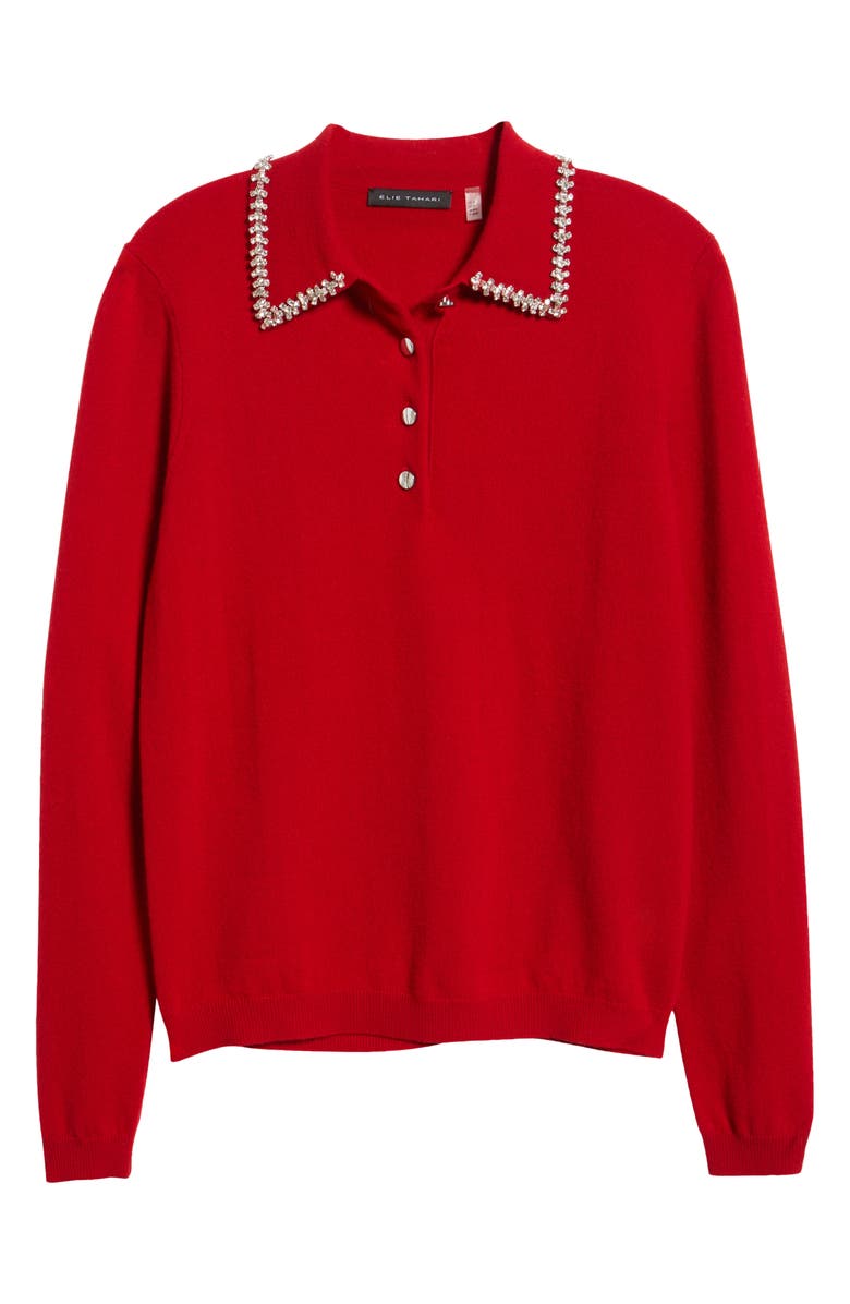 Elie Tahari The Janine Embellished Polo Sweater, Alternate, color, Red Love
