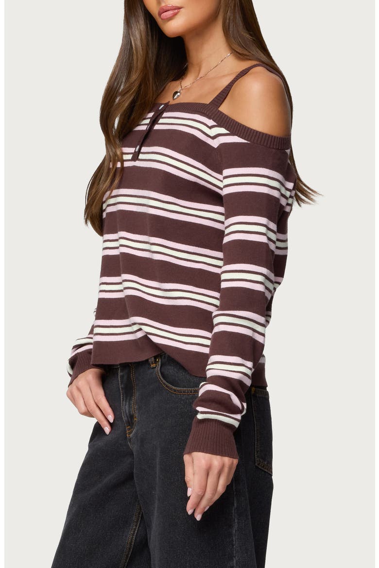Shyla Stripe Off the Shoulder Sweater, Alternate, color, BROWN