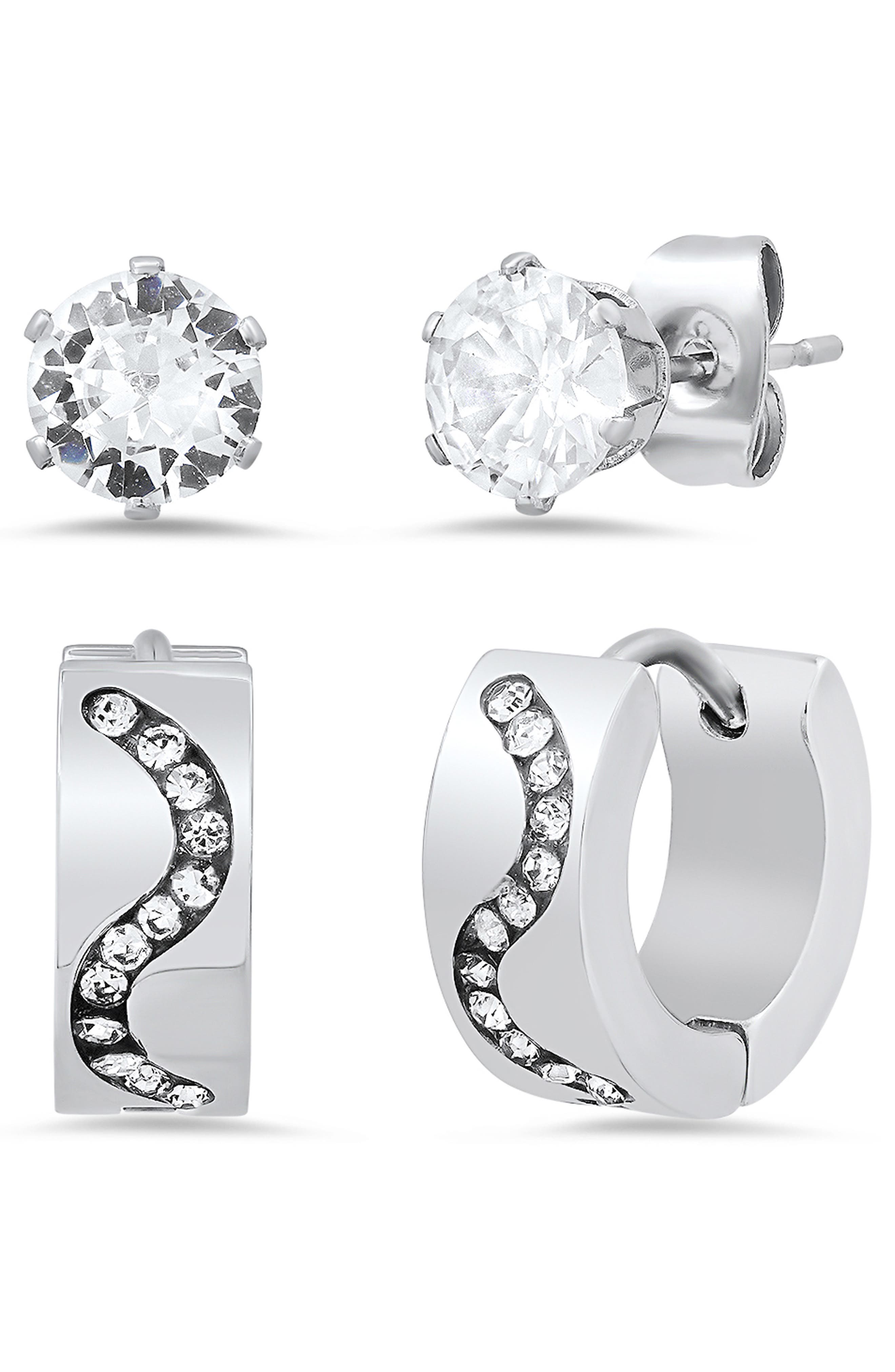 Set of 2 Crystal Stud & Huggie Hoop Earrings