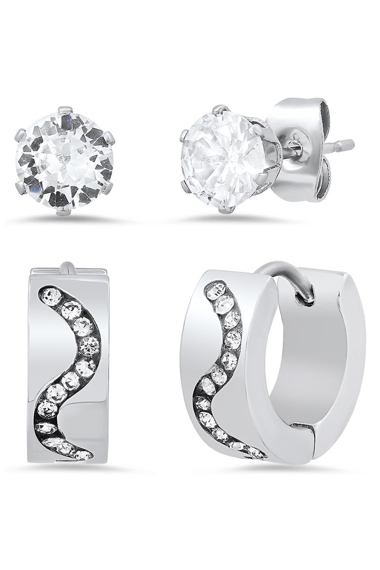 Set of 2 Crystal Stud & Huggie Hoop Earrings, Main, color, SILVER