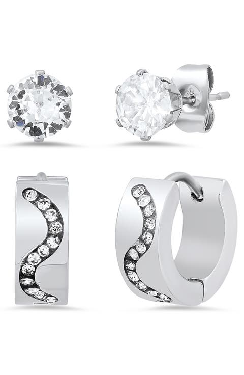 Set of 2 Crystal Stud & Huggie Hoop Earrings