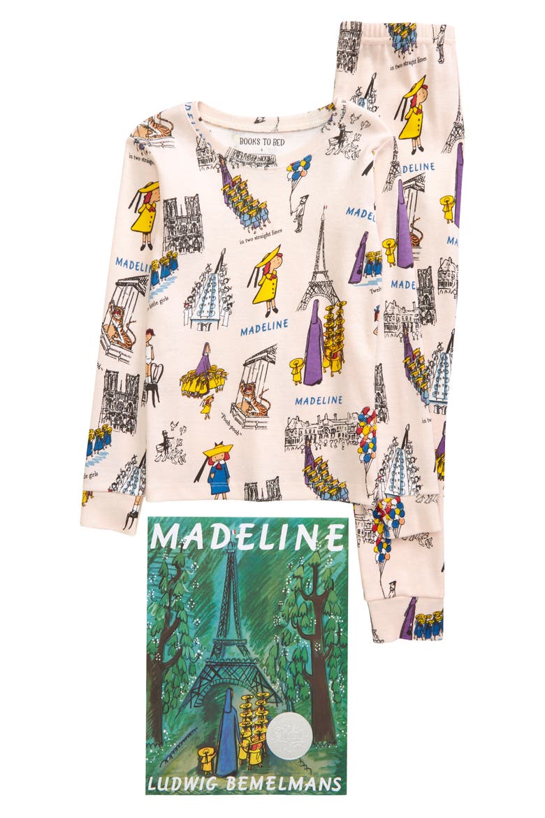 x Books to Bed Kids' Madeline Book & Fitted Organic Cotton Two-Piece Pajamas, Main, color, PINK